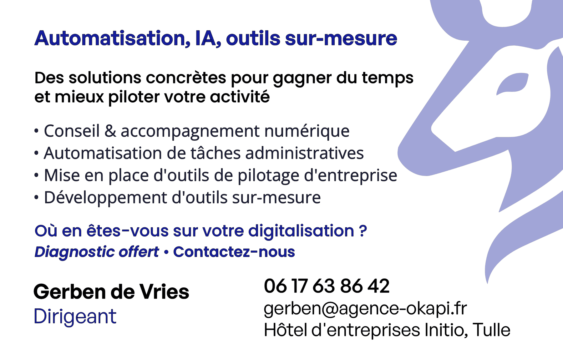 Verso de la carte de visite Agence Okapi